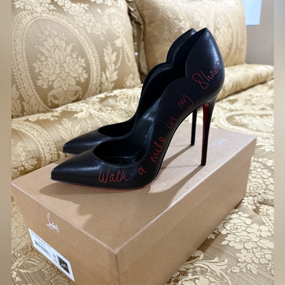 Christian Louboutin Black Leather Pointed Stiletto with Red Script Walk A Mile
